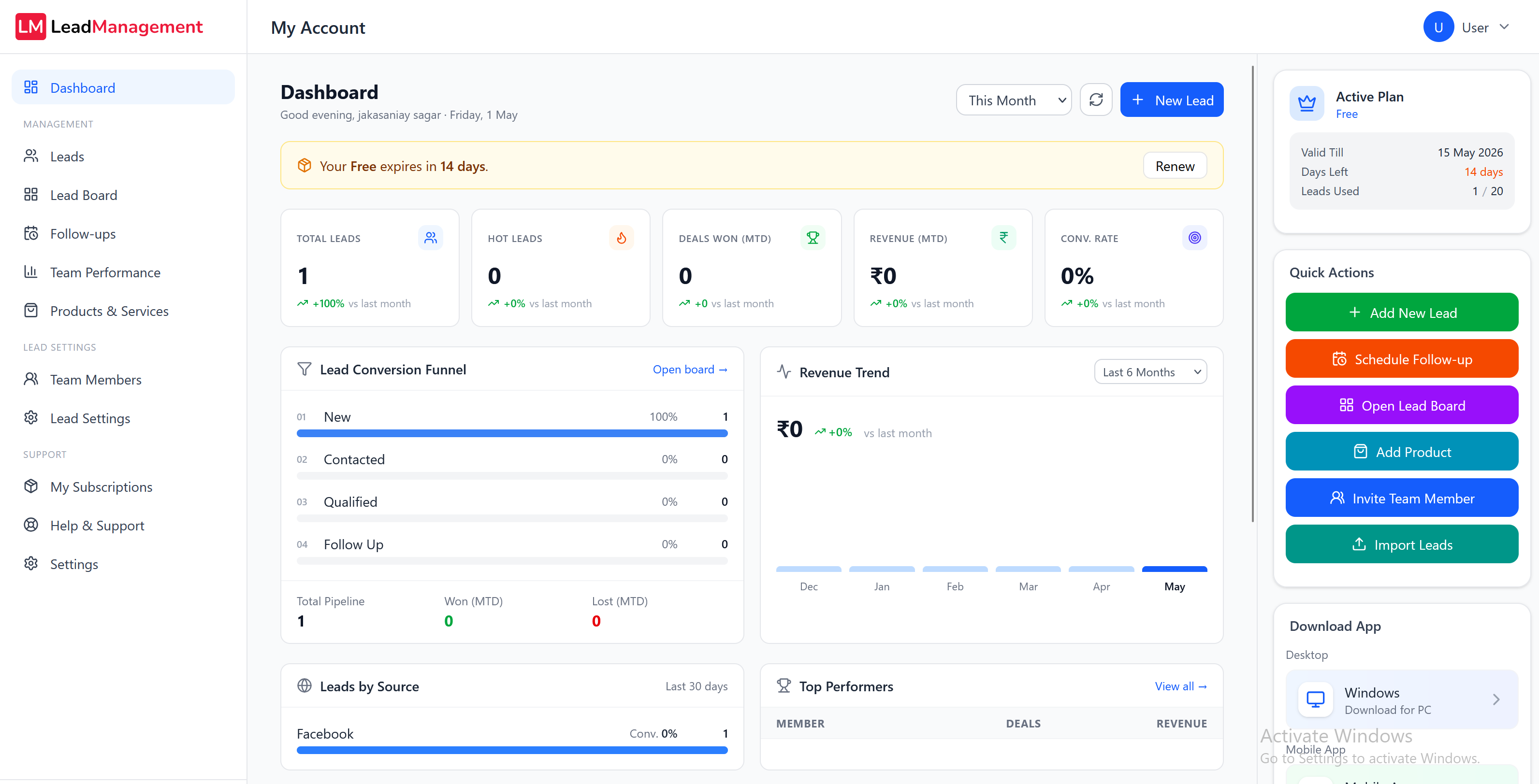 Lead Management desktop app dashboard preview